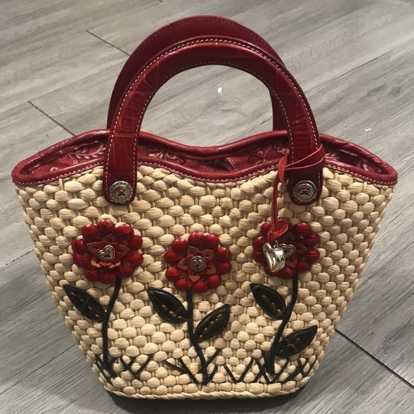 Brighton HandBag With Flowers Red Straw & Leather Tote 13"L x 5"W x 9"H - Picture 2 of 12